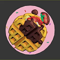 Layered Waffle Dessert With Chocolate Sauce Fresh Strawberry And Colorful Sprinkles On Pink Plate