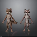 Two Cartoon Wolf 3D Characters With Brown White Fur Standing Poses And Expressions