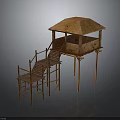 Traditional Bamboo Elevated Structure With Thatched Roof And Wooden Staircase