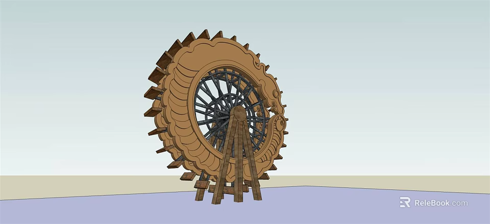 Decorative Wooden Waterwheel Garden Ornament With Gear And Stand Structure 3d model 