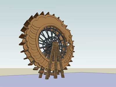Decorative Wooden Waterwheel Garden Ornament With Gear And Stand Structure 3d model