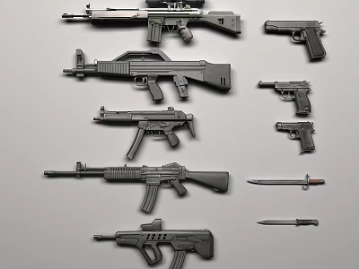Various Firearms And Bladed Weapons Collection Including Rifles Pistols And Knives 3d model