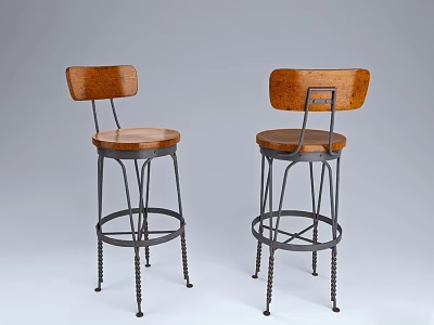 Classic Brown Wooden Bar Stools With Black Metal Legs And Backrest 3d model