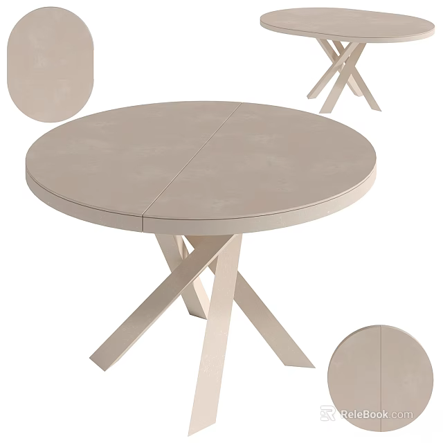 Round Light Colored Dining Table With Crossed Legs And Extra Round Panels 3d model