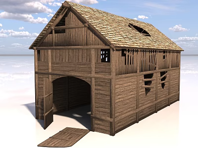 Traditional Wooden Barn Building With Sloped Roof Arched Entrance And Wooden Planks 3d model