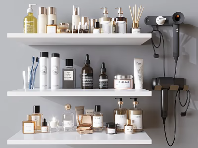 Elegant Perfume And Cosmetics Display On White Shelves With Various Bottles 3d model