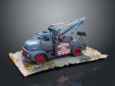 Gray Tow Truck with Red Wheels Towing Service Model Display on Base with Grass 3d model