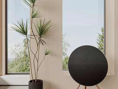 Black Round Bluetooth Speaker in Modern Indoor Space with Large Windows Green Plants and Potted Tree 3d model