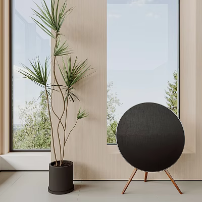 Black Round Bluetooth Speaker in Modern Indoor Space with Large Windows Green Plants and Potted Tree 3d model