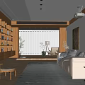 Modern Living Room Interior with Open Bookshelf Beige Sofa Wooden Floor Rug and Green Plant