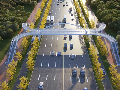 Pedestrian Bridge Over Busy Road With Yellow Trees And Traffic Flow 3d model