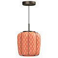 Two Coral Diamond Pattern Glass Pendant Lights with Black Metal Frame