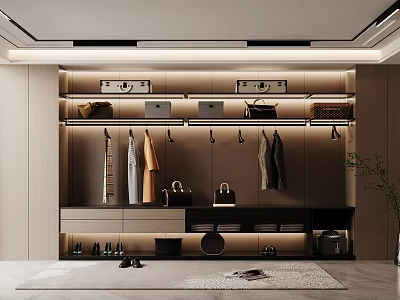 Modern Wardrobe With Hanging Clothes Storage Bags Drawers And Built In Lighting 3d model