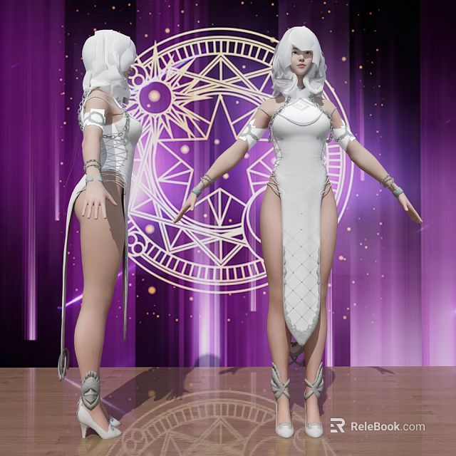 Woman in White Dress with Outstretched Arms on Purple Background with Geometric Patterns and Stars 3d model 