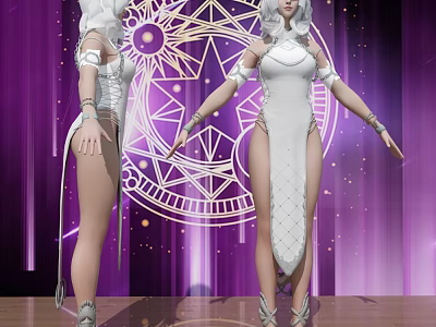 Woman in White Dress with Outstretched Arms on Purple Background with Geometric Patterns and Stars 3d model