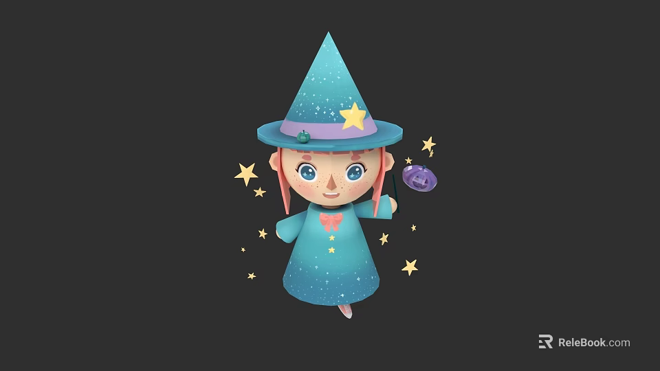 Cute Cartoon Woman Wizard Wearing Starry Pointed Hat Holding Purple Magic Ball With Stars Around 3d model 