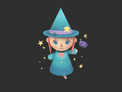 Cute Cartoon Woman Wizard Wearing Starry Pointed Hat Holding Purple Magic Ball With Stars Around 3d model