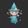 Cute Cartoon Woman Wizard Wearing Starry Pointed Hat Holding Purple Magic Ball With Stars Around