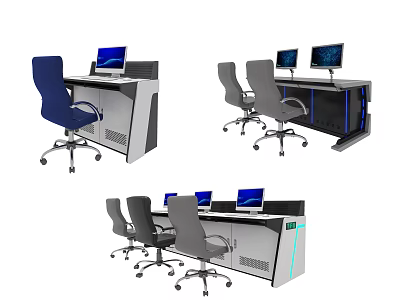 Modern Conference Table With Multiple Computer Monitors And Ergonomic Chairs For Office Workstation 3d model