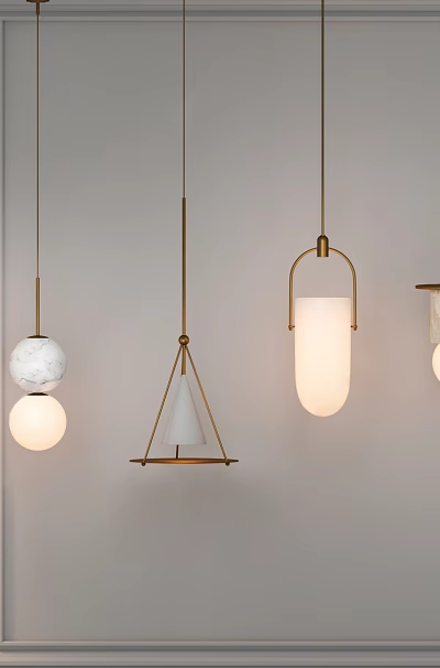 Various Design Pendant Lights With Golden Metal Cylindrical Spherical Shapes And Warm White Illumination 3d model