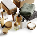 Assorted Bath Essentials Collection With Stacked Towels Wooden Storage Boxes Toiletry Bottles And Soap