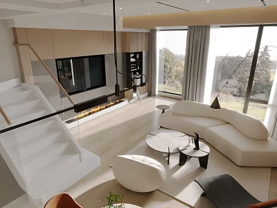Modern Open Living and Dining Area With Sofa Coffee Table Floor to Ceiling Windows Fireplace 3d model
