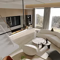 Modern Open Living and Dining Area With Sofa Coffee Table Floor to Ceiling Windows Fireplace