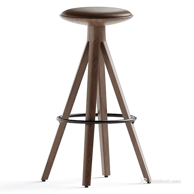 Modern Wooden Bar Stool With Tapered Three Legs And Footrest Ring 3d model 