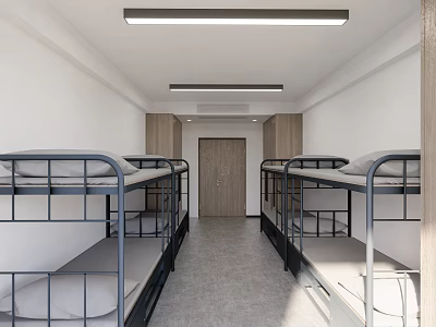 Modern Shared Apartment Interior With Bunk Beds White Walls Gray Flooring And Ceiling Lights 3d model