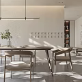 Modern Restaurant Interior With Large Decorative Painting Wooden Bench Floor Lamp And Sunlight Patterns