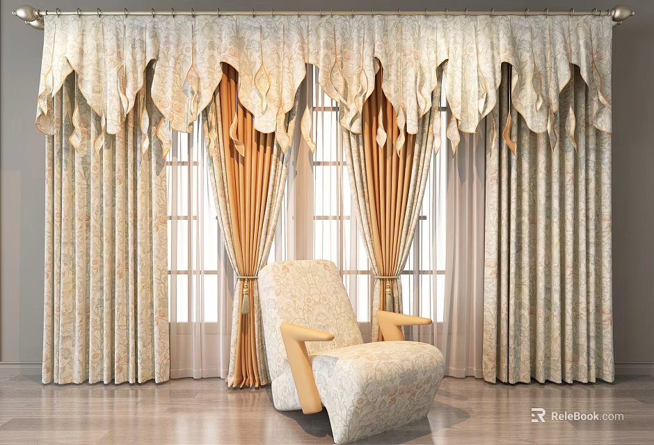 Elegant Scalloped Valance Curtains with Beige Gold Patterned Fabric in Living Room Window and Armchair 3d model 