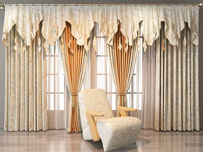 Elegant Scalloped Valance Curtains with Beige Gold Patterned Fabric in Living Room Window and Armchair 3d model