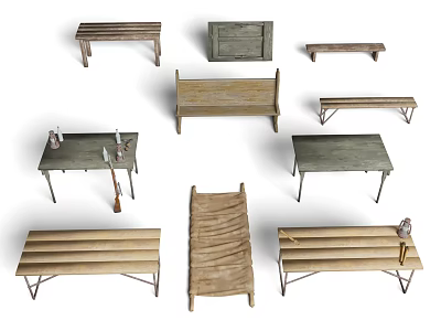 Multiple Public Facilities Including Wooden Benches And Metal Tables For Outdoor Areas 3d model