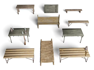 Military Facilities Medical Stretcher Seat Suggested Table Bench Kerosene Lamp Military Theme 3d model