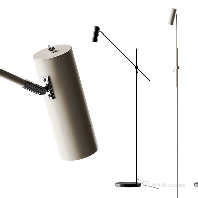 Minimalist Floor Lamp with Adjustable Metal Arm and White Cylindrical Base Design 3d model 