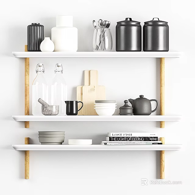 White Kitchen Shelves Displaying Jars Glass Vase Cutting Board Teapot And Bowls 3d model 