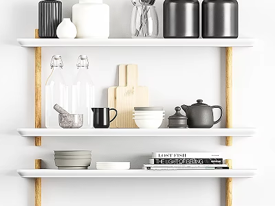 White Kitchen Shelves Displaying Jars Glass Vase Cutting Board Teapot And Bowls 3d model