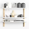 White Kitchen Shelves Displaying Jars Glass Vase Cutting Board Teapot And Bowls