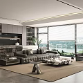Modern Living Dining Room Interior With Large Windows Scenic View And Dark Leather Sofa