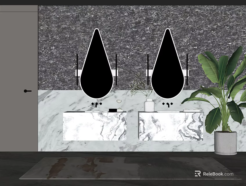 Modern Double Sink Vanity with Marble Countertop Teardrop Mirrors and Potted Plant 3d model 
