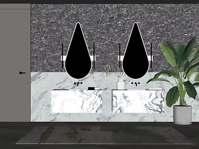Modern Double Sink Vanity with Marble Countertop Teardrop Mirrors and Potted Plant 3d model