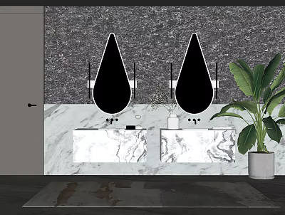 Modern Double Sink Vanity with Marble Countertop Teardrop Mirrors and Potted Plant 3d model