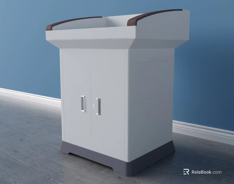 Functional White Desk With Brown Edge Top Gray Base Cabinet Doors And Silver Handles 3d model 