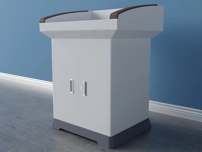 Functional White Desk With Brown Edge Top Gray Base Cabinet Doors And Silver Handles 3d model