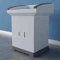 Functional White Desk With Brown Edge Top Gray Base Cabinet Doors And Silver Handles