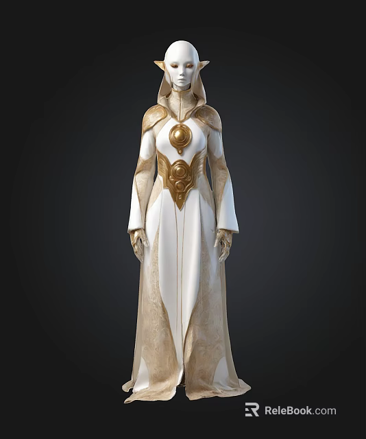 Elegant White Long Robe With Intricate Golden Decorations And Ornate Patterns 3d model 
