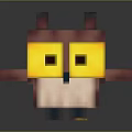 Pixel Art Square Shaped Owl with Large Yellow Eyes Pink Body Blue Beak and Claws
