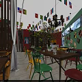 Vibrant Restaurant Interior With Colorful Chairs Wooden Tables Chandelier Flags On Green Walls