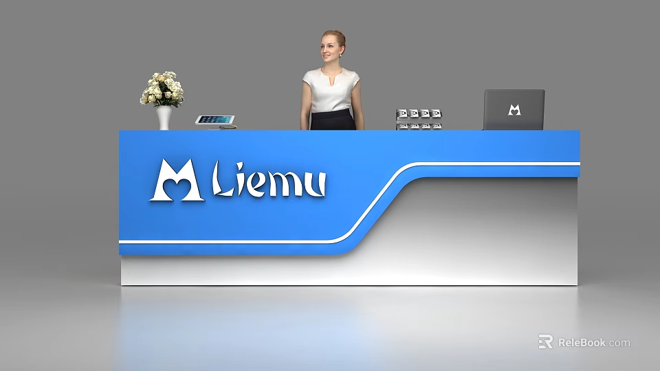 Liemu Blue Reception Desk With Flower Vase Calculator Laptop And Receptionist 3d model 