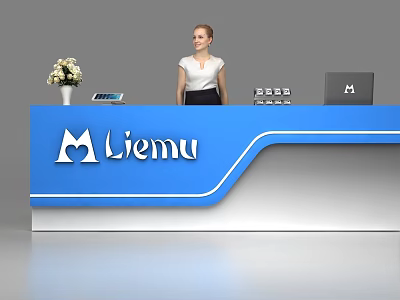 Liemu Blue Reception Desk With Flower Vase Calculator Laptop And Receptionist 3d model